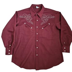 Vintage Burgundy Western Embroidered Mens Button Down Pearl Snap Shirt XXL